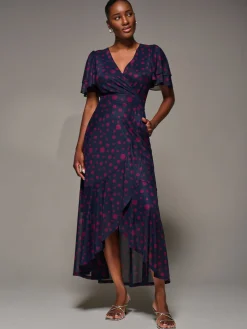 Jolie Moi Occasion Dresses|Party Dresses-Angel Sleeve Mesh Frill Wrap Maxi Dress, Navy Spot