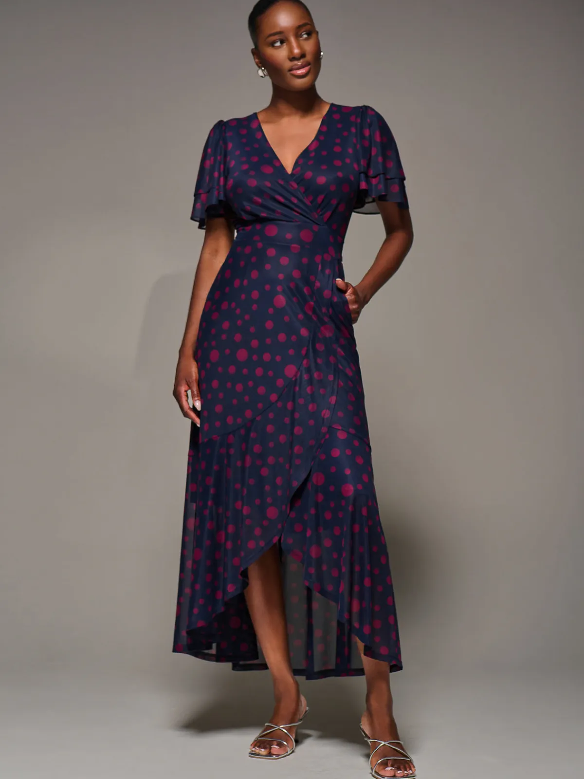 Jolie Moi Occasion Dresses|Party Dresses-Angel Sleeve Mesh Frill Wrap Maxi Dress, Navy Spot