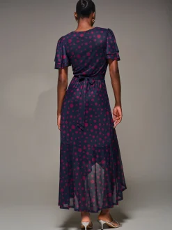 Jolie Moi Occasion Dresses|Party Dresses-Angel Sleeve Mesh Frill Wrap Maxi Dress, Navy Spot