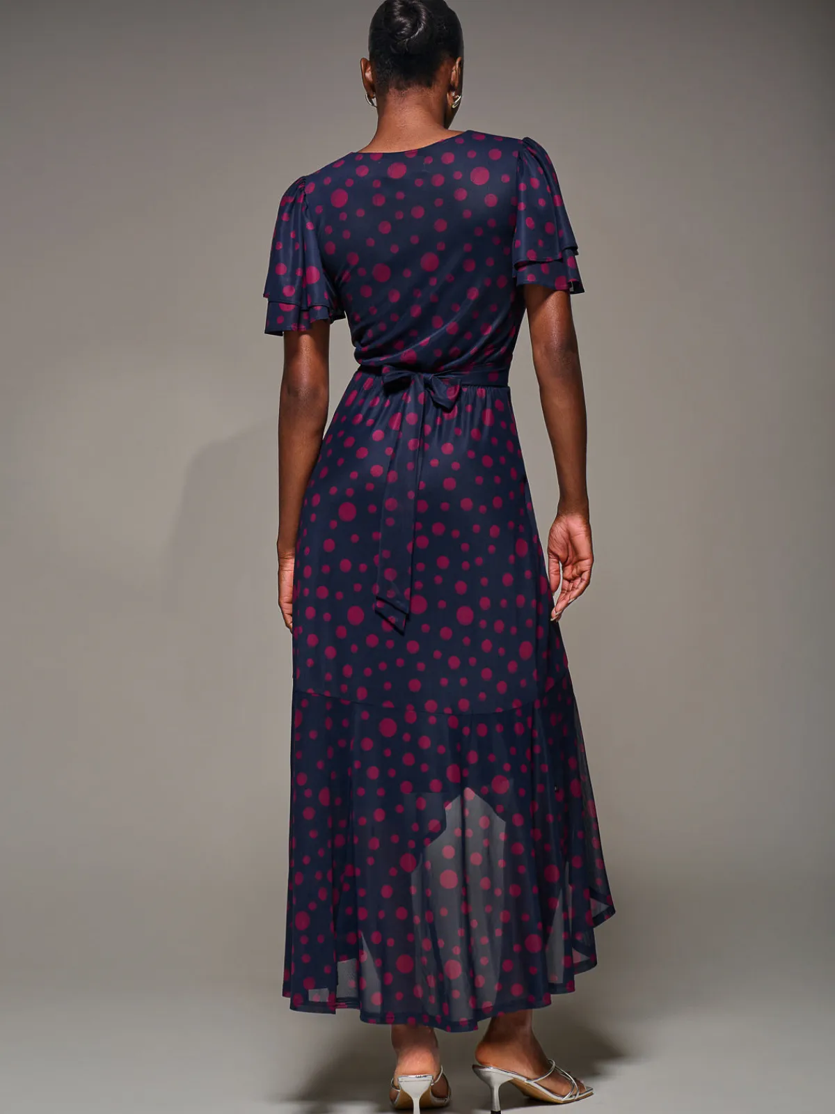 Jolie Moi Occasion Dresses|Party Dresses-Angel Sleeve Mesh Frill Wrap Maxi Dress, Navy Spot