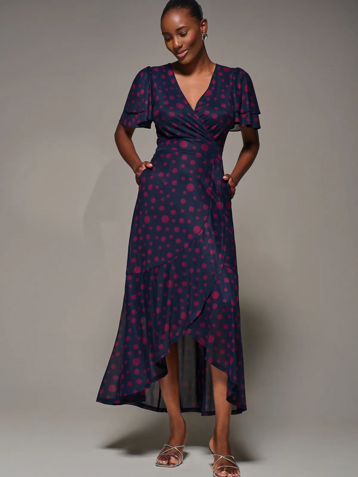 Jolie Moi Occasion Dresses|Party Dresses-Angel Sleeve Mesh Frill Wrap Maxi Dress, Navy Spot