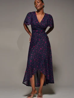 Jolie Moi Occasion Dresses|Party Dresses-Angel Sleeve Mesh Frill Wrap Maxi Dress, Navy Spot