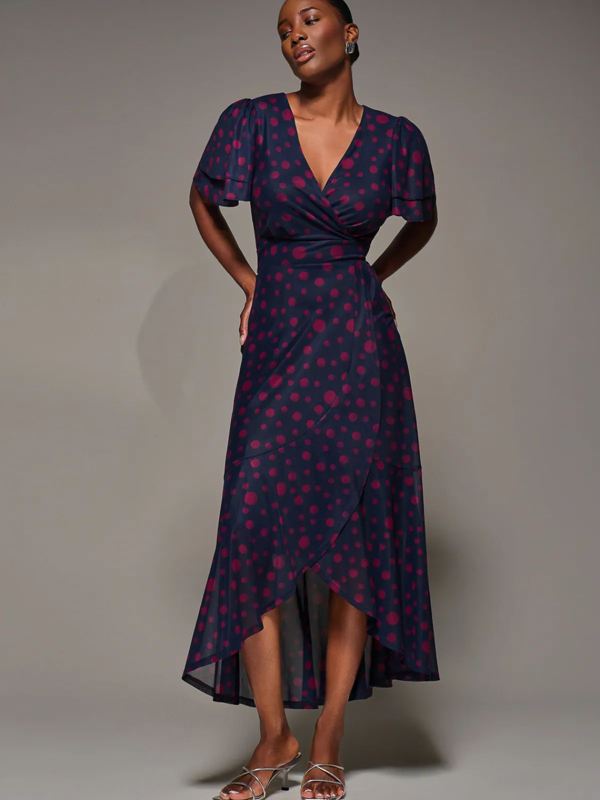 Jolie Moi Occasion Dresses|Party Dresses-Angel Sleeve Mesh Frill Wrap Maxi Dress, Navy Spot