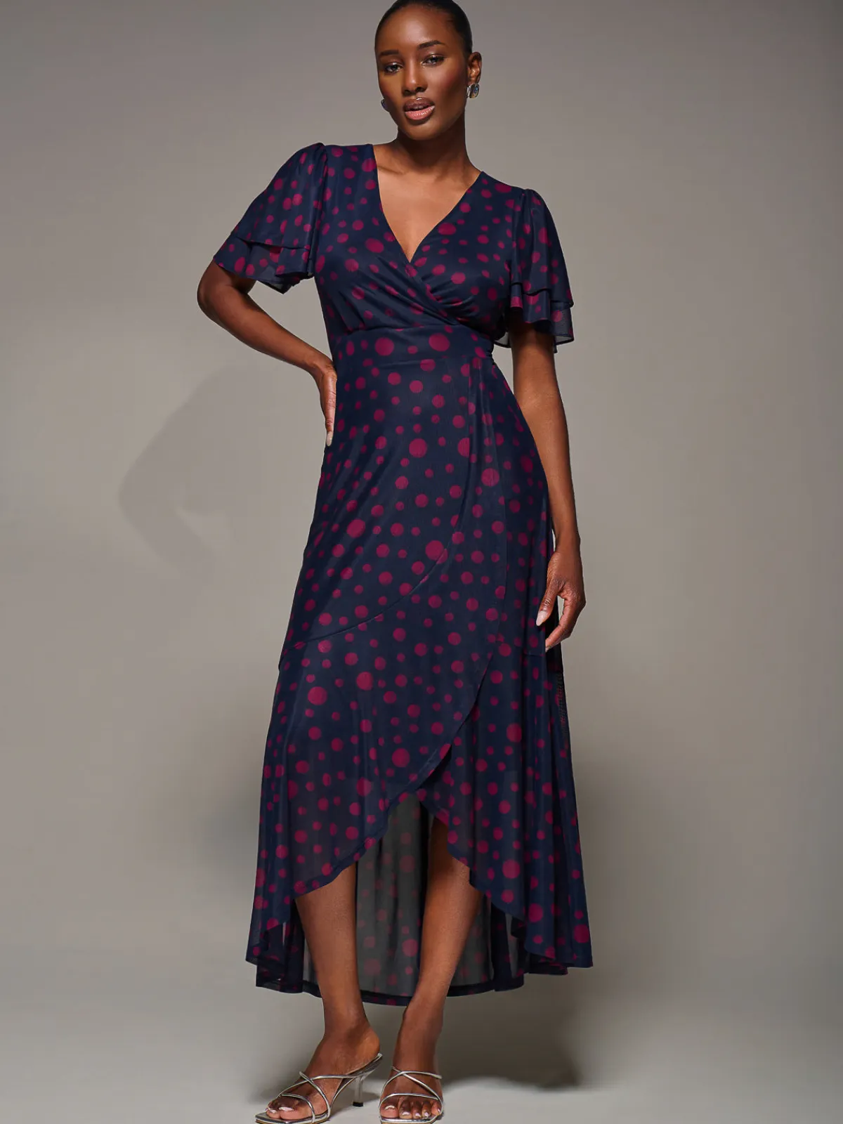 Jolie Moi Occasion Dresses|Party Dresses-Angel Sleeve Mesh Frill Wrap Maxi Dress, Navy Spot