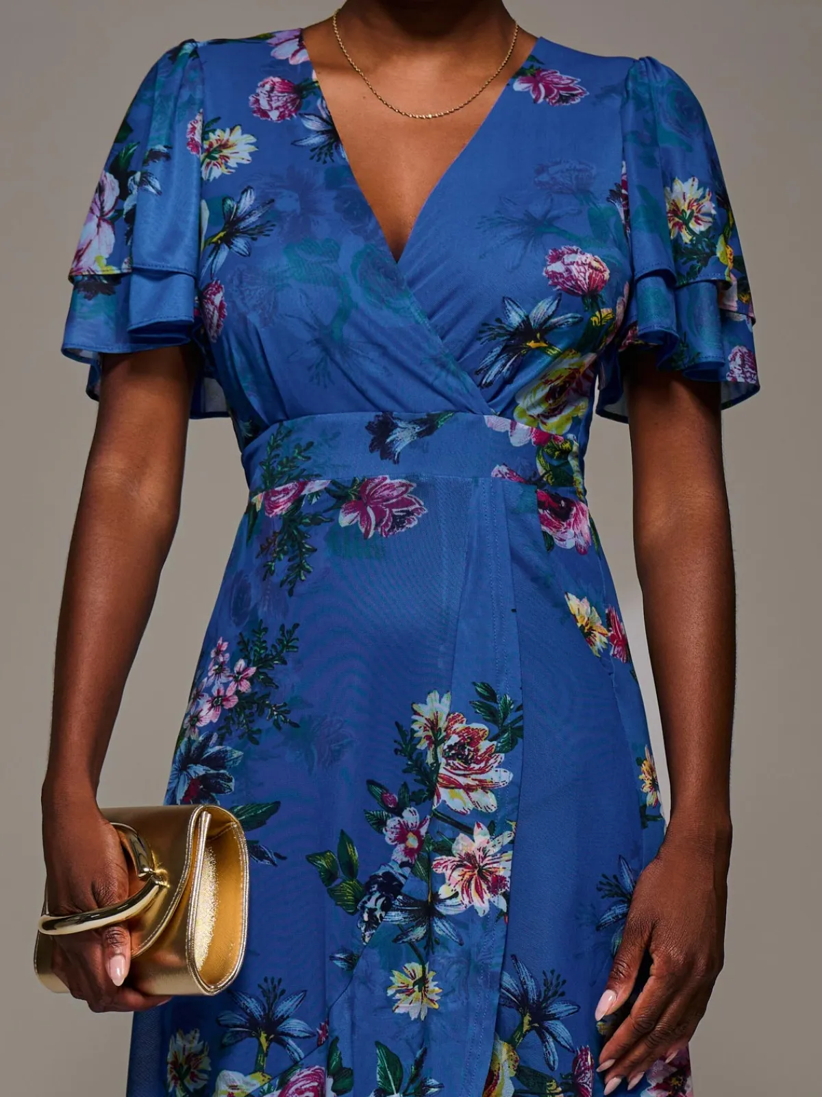 Jolie Moi Occasion Dresses|Floral Dresses-Angel Sleeve Mesh Frill Wrap Maxi Dress, Royal Floral