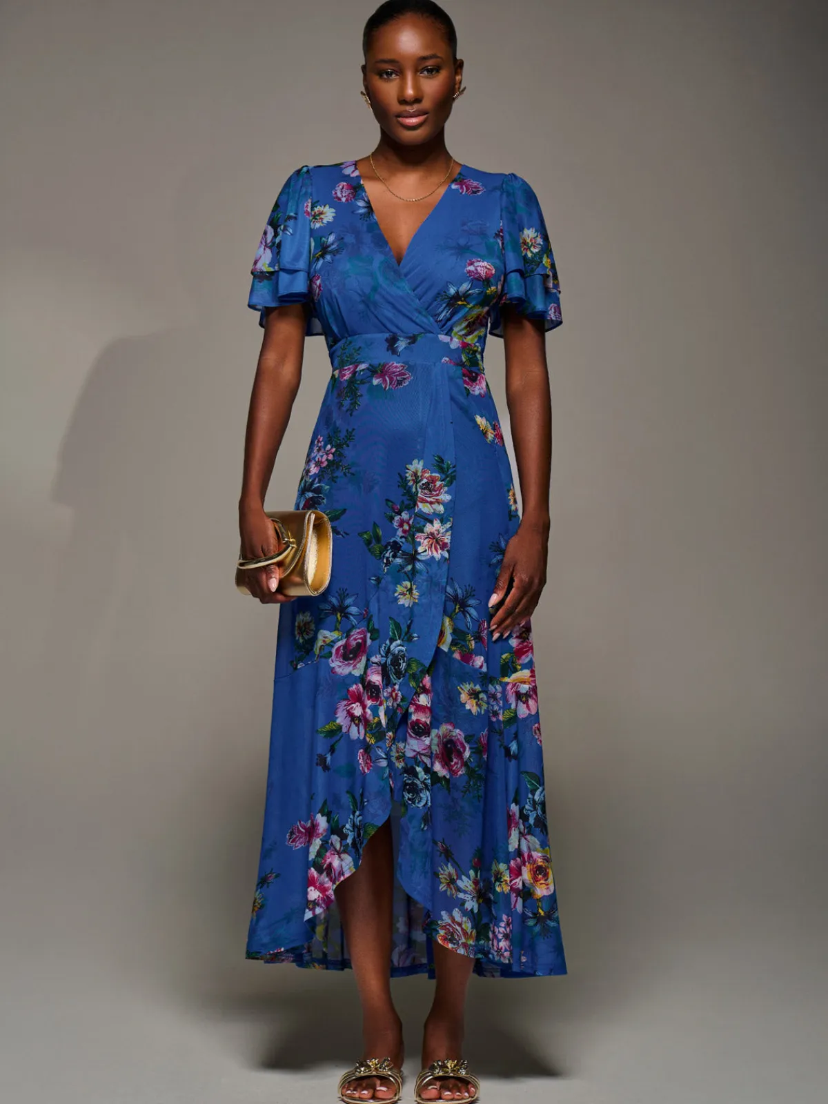 Jolie Moi Occasion Dresses|Floral Dresses-Angel Sleeve Mesh Frill Wrap Maxi Dress, Royal Floral