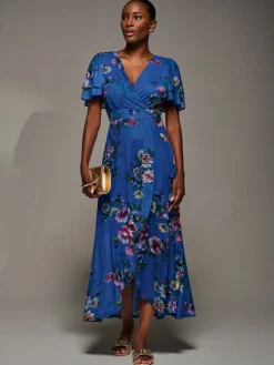 Jolie Moi Occasion Dresses|Floral Dresses-Angel Sleeve Mesh Frill Wrap Maxi Dress, Royal Floral