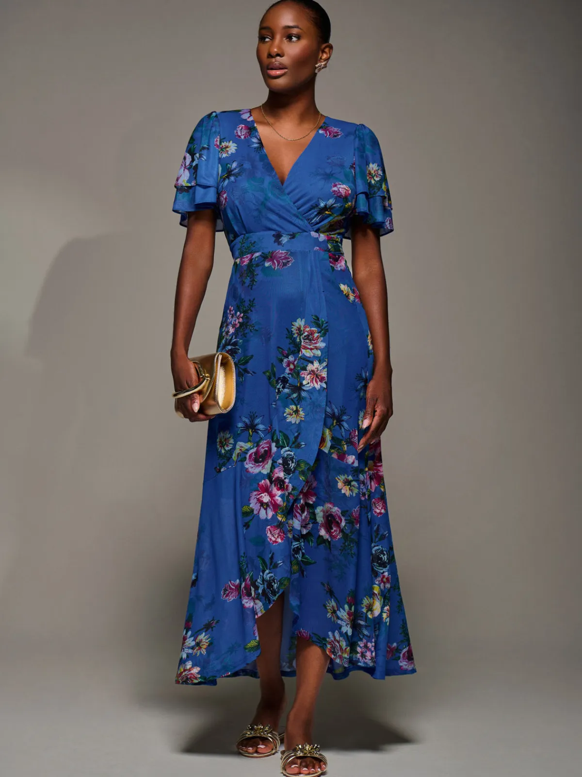 Jolie Moi Occasion Dresses|Floral Dresses-Angel Sleeve Mesh Frill Wrap Maxi Dress, Royal Floral