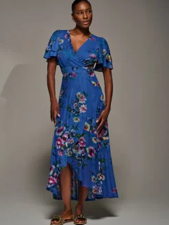 Jolie Moi Occasion Dresses|Floral Dresses-Angel Sleeve Mesh Frill Wrap Maxi Dress, Royal Floral