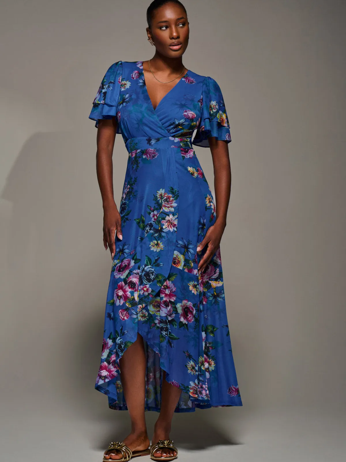 Jolie Moi Occasion Dresses|Floral Dresses-Angel Sleeve Mesh Frill Wrap Maxi Dress, Royal Floral