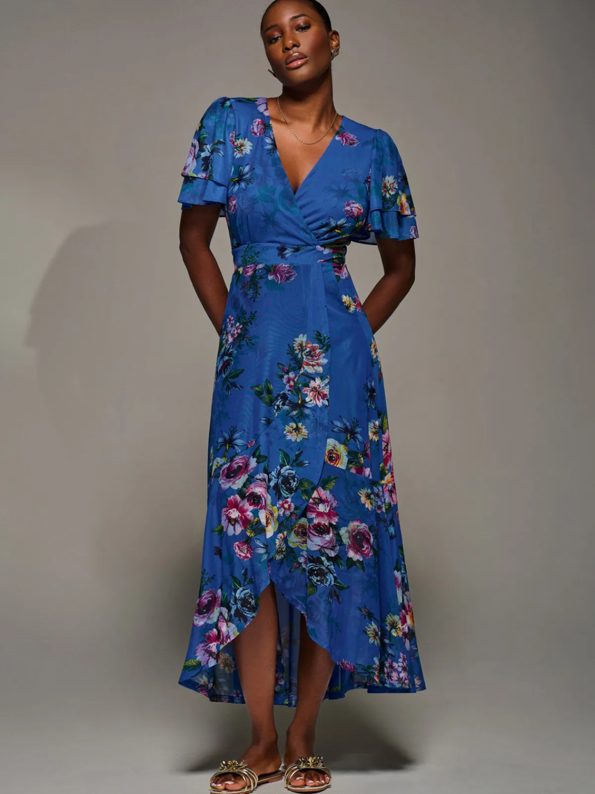 Jolie Moi Occasion Dresses|Floral Dresses-Angel Sleeve Mesh Frill Wrap Maxi Dress, Royal Floral