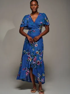 Jolie Moi Occasion Dresses|Floral Dresses-Angel Sleeve Mesh Frill Wrap Maxi Dress, Royal Floral
