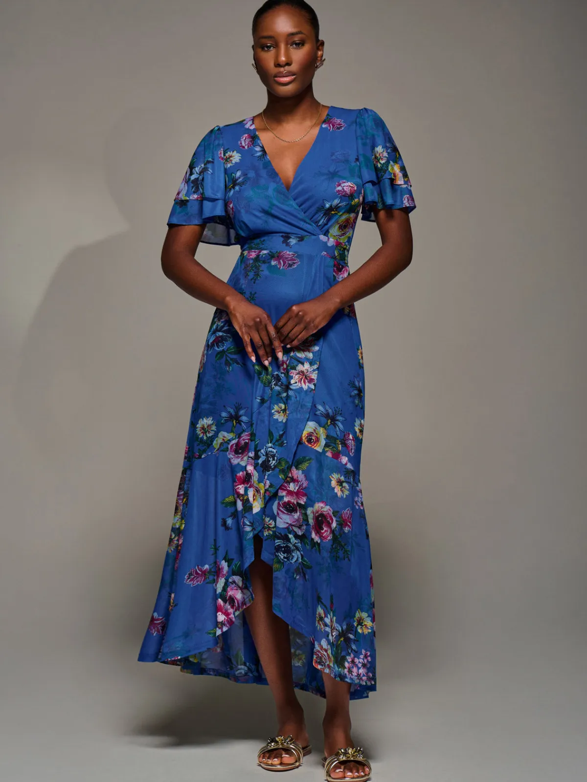 Jolie Moi Occasion Dresses|Floral Dresses-Angel Sleeve Mesh Frill Wrap Maxi Dress, Royal Floral