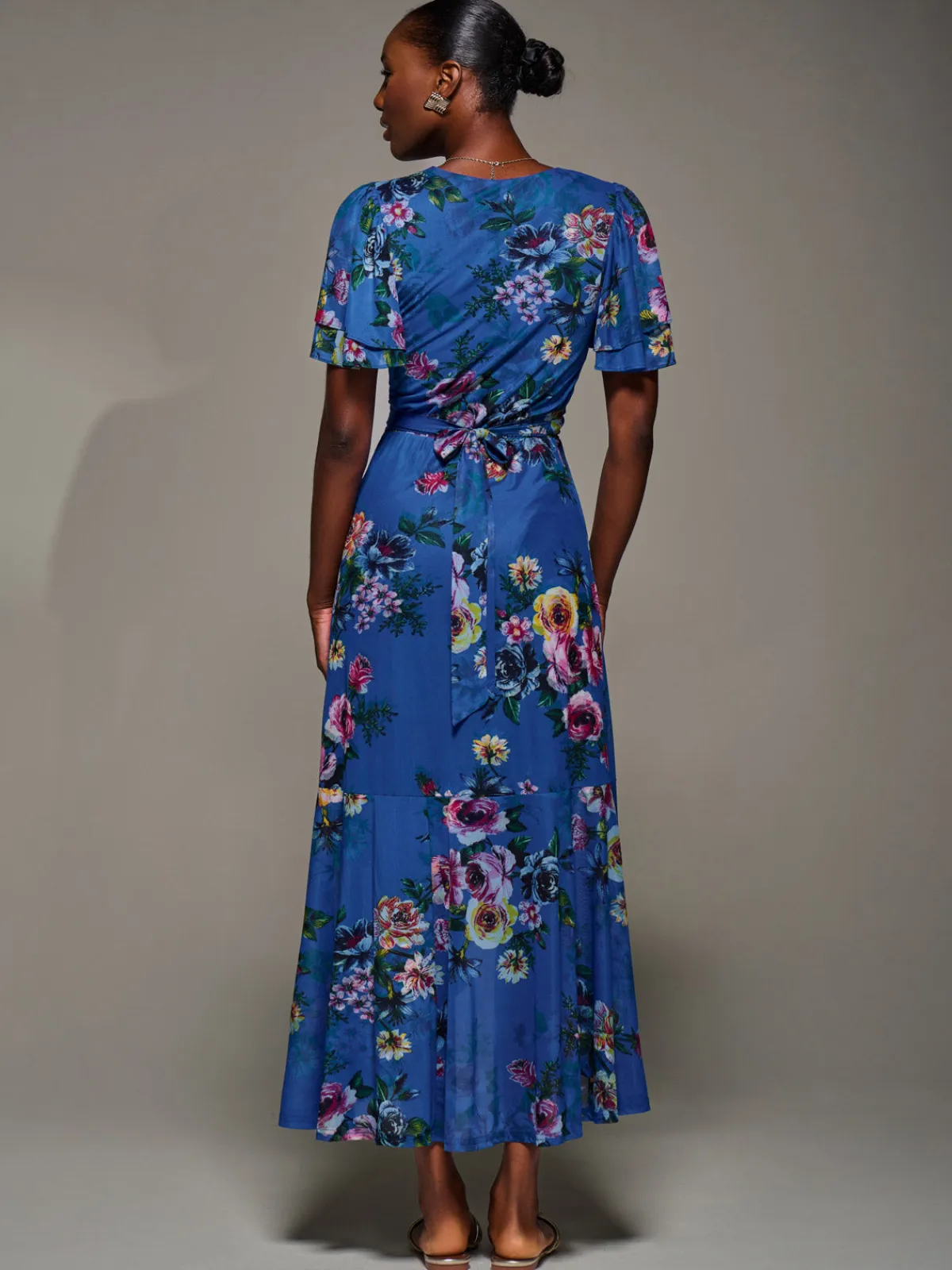 Jolie Moi Occasion Dresses|Floral Dresses-Angel Sleeve Mesh Frill Wrap Maxi Dress, Royal Floral