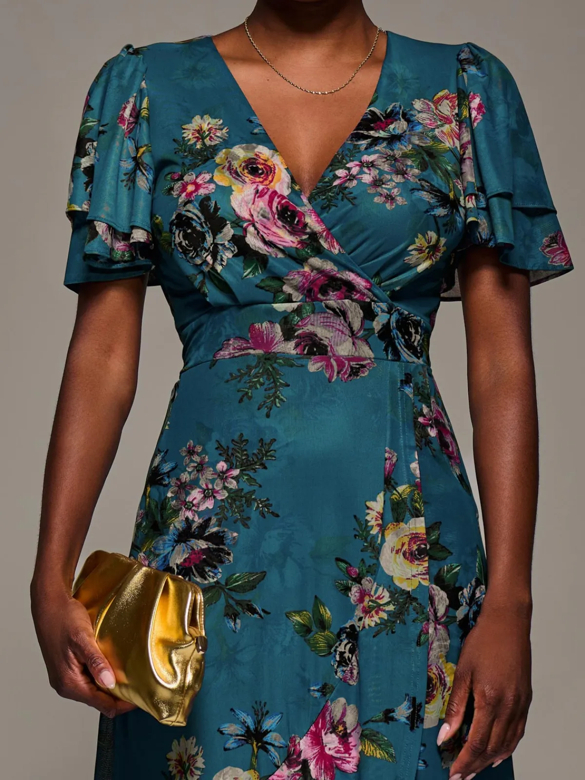 Jolie Moi Occasion Dresses|Floral Dresses-Angel Sleeve Mesh Frill Wrap Maxi Dress, Teal Floral