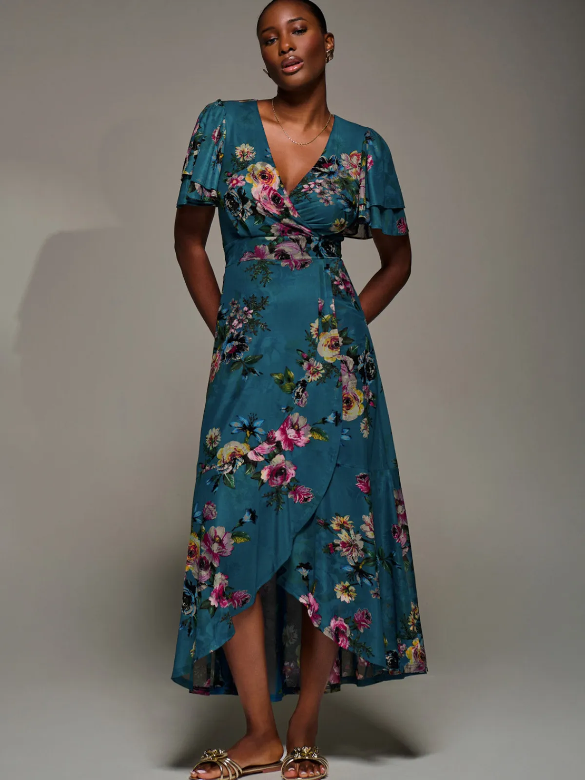 Jolie Moi Occasion Dresses|Floral Dresses-Angel Sleeve Mesh Frill Wrap Maxi Dress, Teal Floral