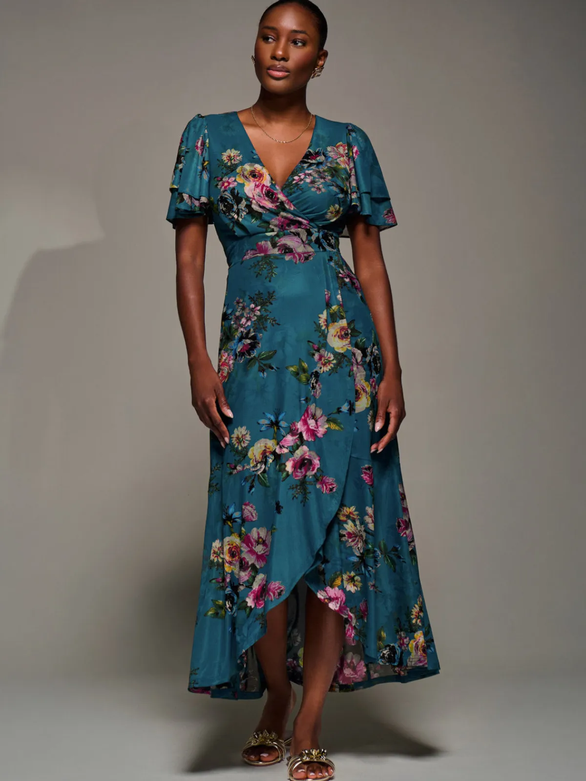 Jolie Moi Occasion Dresses|Floral Dresses-Angel Sleeve Mesh Frill Wrap Maxi Dress, Teal Floral