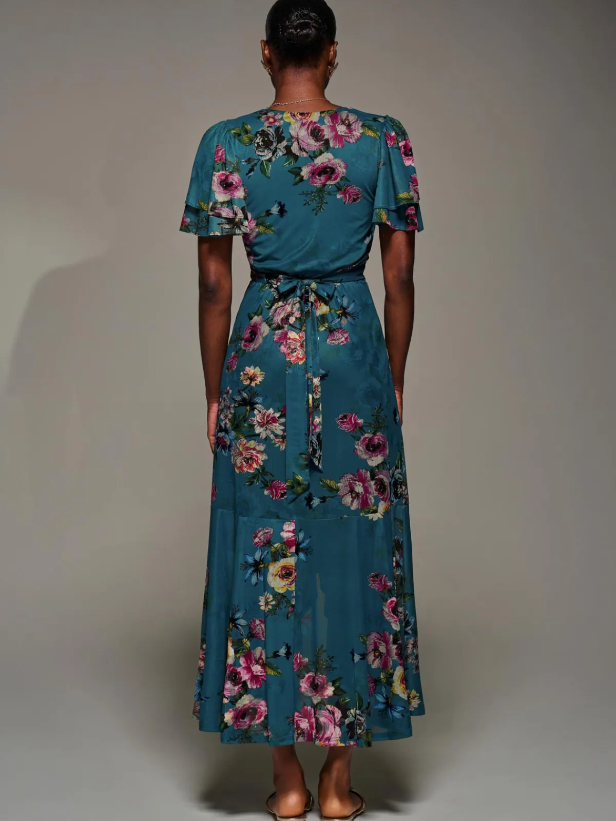 Jolie Moi Occasion Dresses|Floral Dresses-Angel Sleeve Mesh Frill Wrap Maxi Dress, Teal Floral