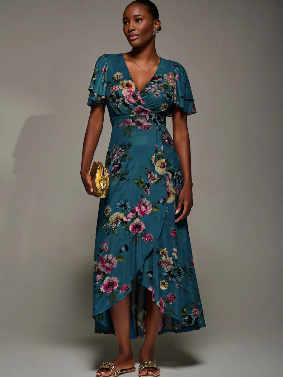 Jolie Moi Occasion Dresses|Floral Dresses-Angel Sleeve Mesh Frill Wrap Maxi Dress, Teal Floral
