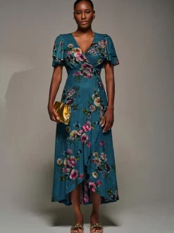 Jolie Moi Occasion Dresses|Floral Dresses-Angel Sleeve Mesh Frill Wrap Maxi Dress, Teal Floral