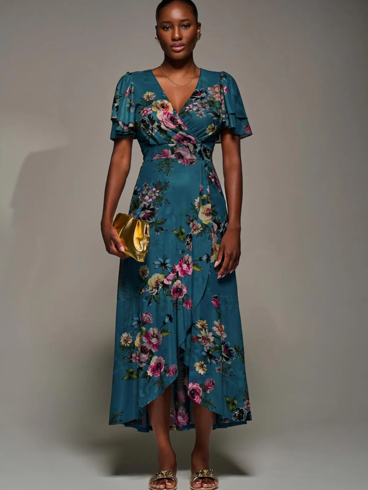 Jolie Moi Occasion Dresses|Floral Dresses-Angel Sleeve Mesh Frill Wrap Maxi Dress, Teal Floral