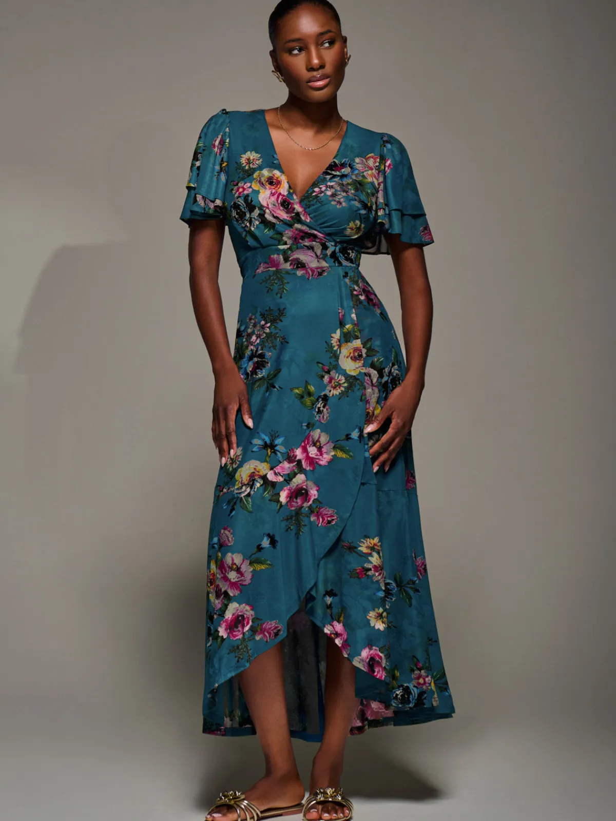 Jolie Moi Occasion Dresses|Floral Dresses-Angel Sleeve Mesh Frill Wrap Maxi Dress, Teal Floral