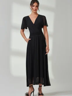 Jolie Moi Occasion Dresses|Little Black Dresses-Angel Sleeve Mesh Maxi Dress, Black