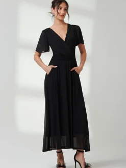 Jolie Moi Occasion Dresses|Little Black Dresses-Angel Sleeve Mesh Maxi Dress, Black