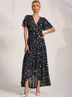 Jolie Moi Occasion Dresses|Mesh Dresses-Angel Sleeve Mesh Maxi Dress, Black Spot