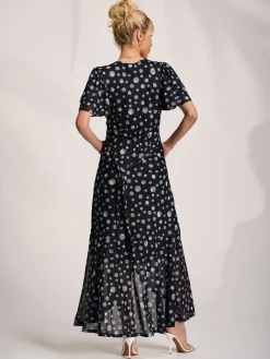 Jolie Moi Occasion Dresses|Mesh Dresses-Angel Sleeve Mesh Maxi Dress, Black Spot