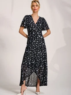 Jolie Moi Occasion Dresses|Mesh Dresses-Angel Sleeve Mesh Maxi Dress, Black Spot