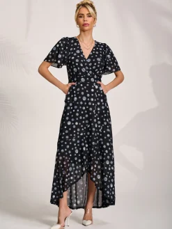 Jolie Moi Occasion Dresses|Mesh Dresses-Angel Sleeve Mesh Maxi Dress, Black Spot