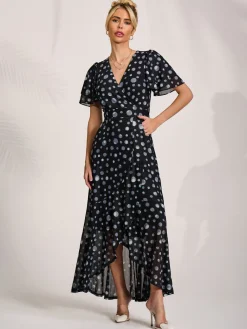 Jolie Moi Occasion Dresses|Mesh Dresses-Angel Sleeve Mesh Maxi Dress, Black Spot