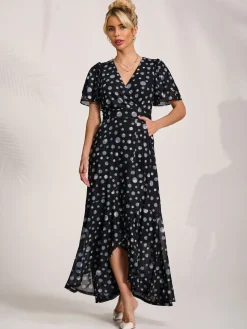 Jolie Moi Occasion Dresses|Mesh Dresses-Angel Sleeve Mesh Maxi Dress, Black Spot