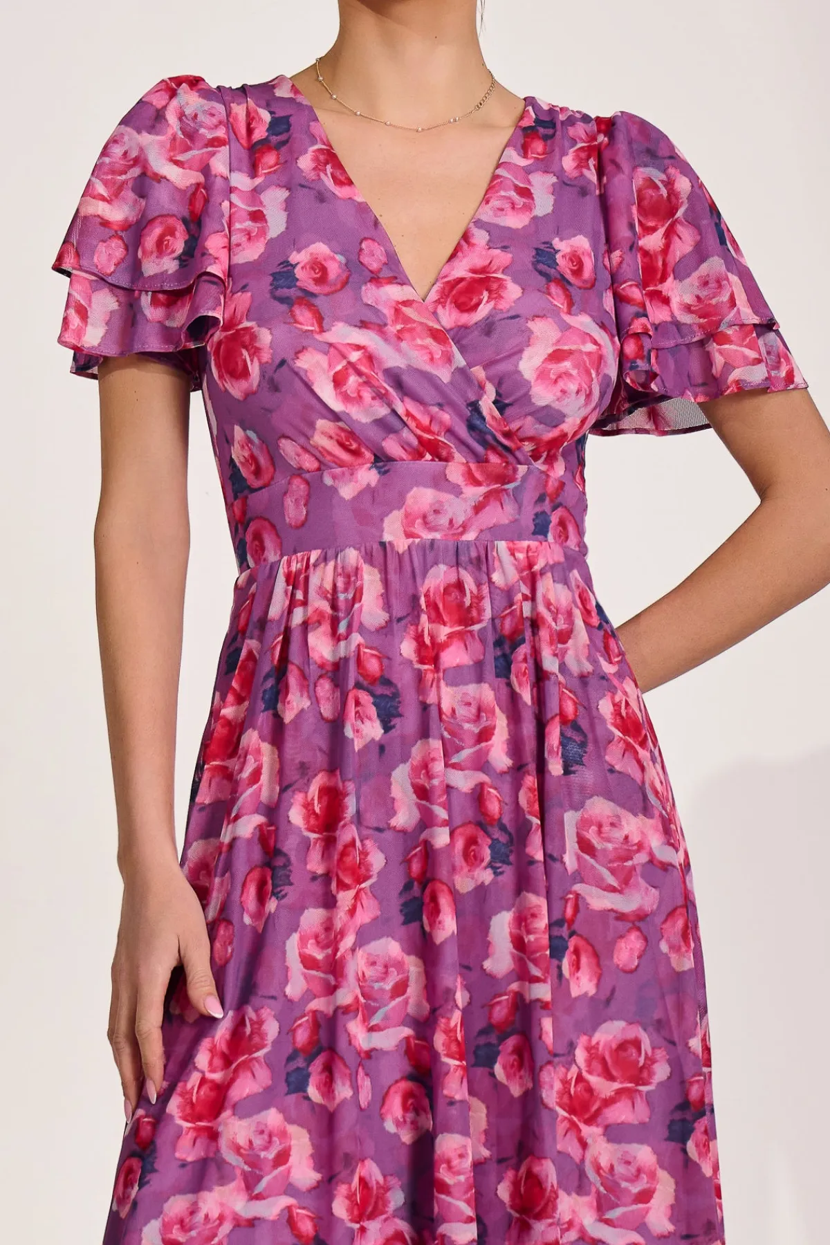 Jolie Moi Occasion Dresses|Floral Dresses-Angel Sleeve Mesh Midi Dress, Purple Floral