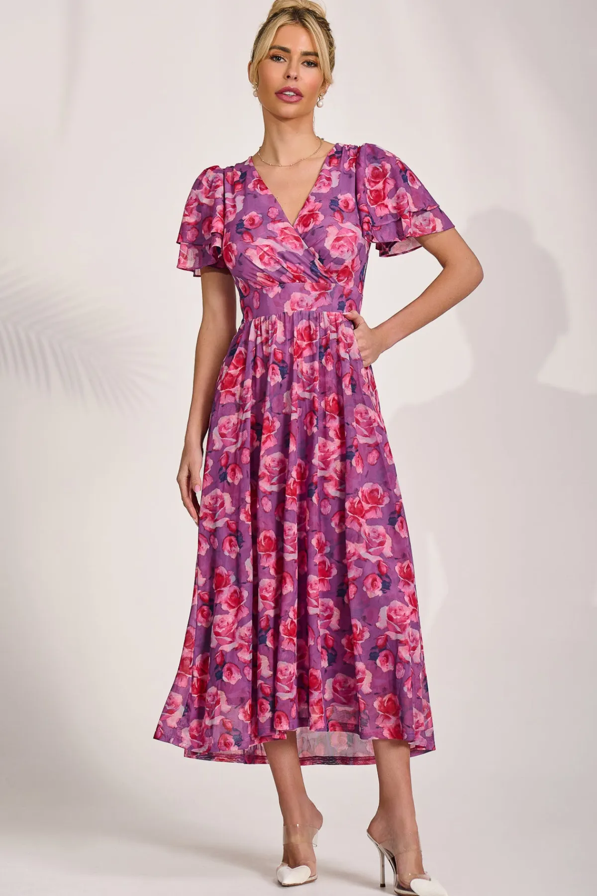 Jolie Moi Occasion Dresses|Floral Dresses-Angel Sleeve Mesh Midi Dress, Purple Floral