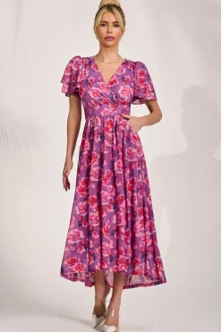 Jolie Moi Occasion Dresses|Floral Dresses-Angel Sleeve Mesh Midi Dress, Purple Floral