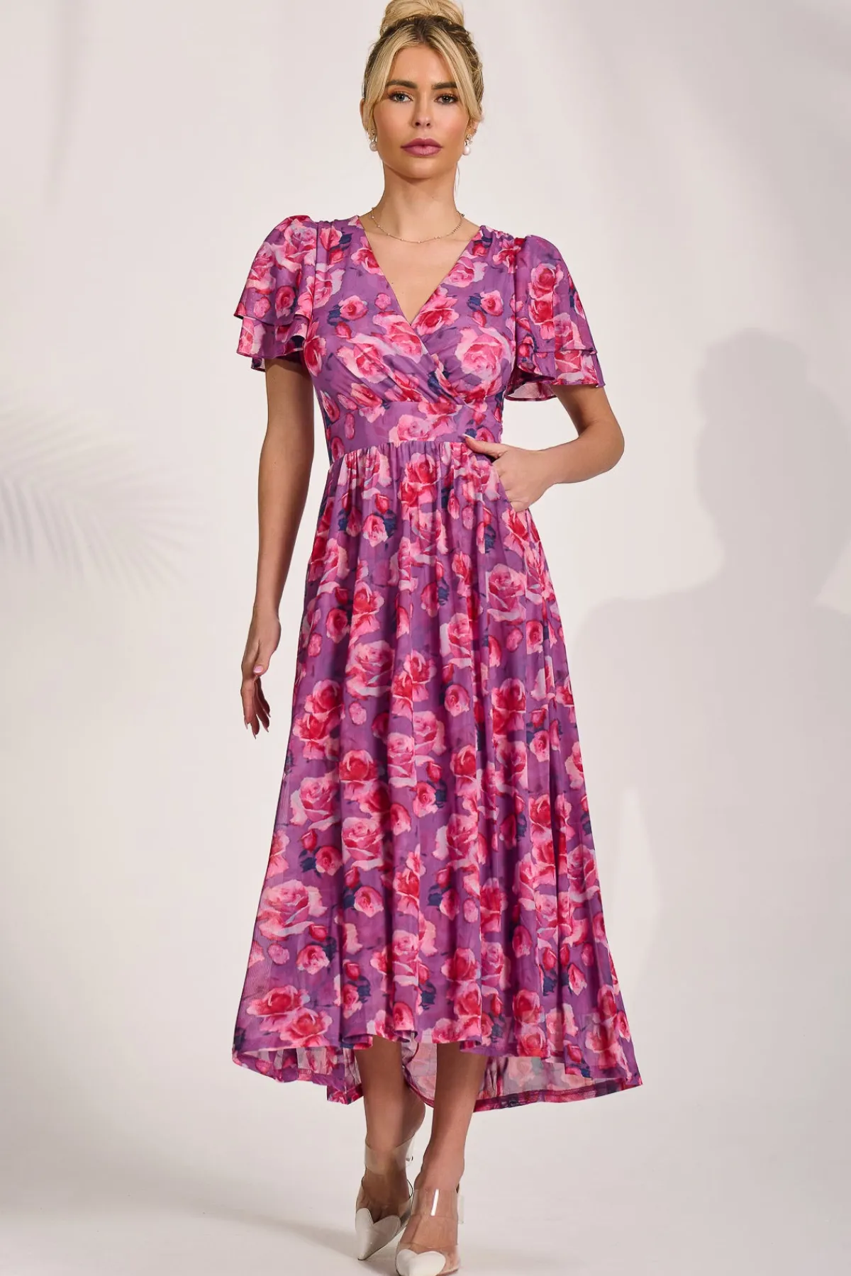 Jolie Moi Occasion Dresses|Floral Dresses-Angel Sleeve Mesh Midi Dress, Purple Floral