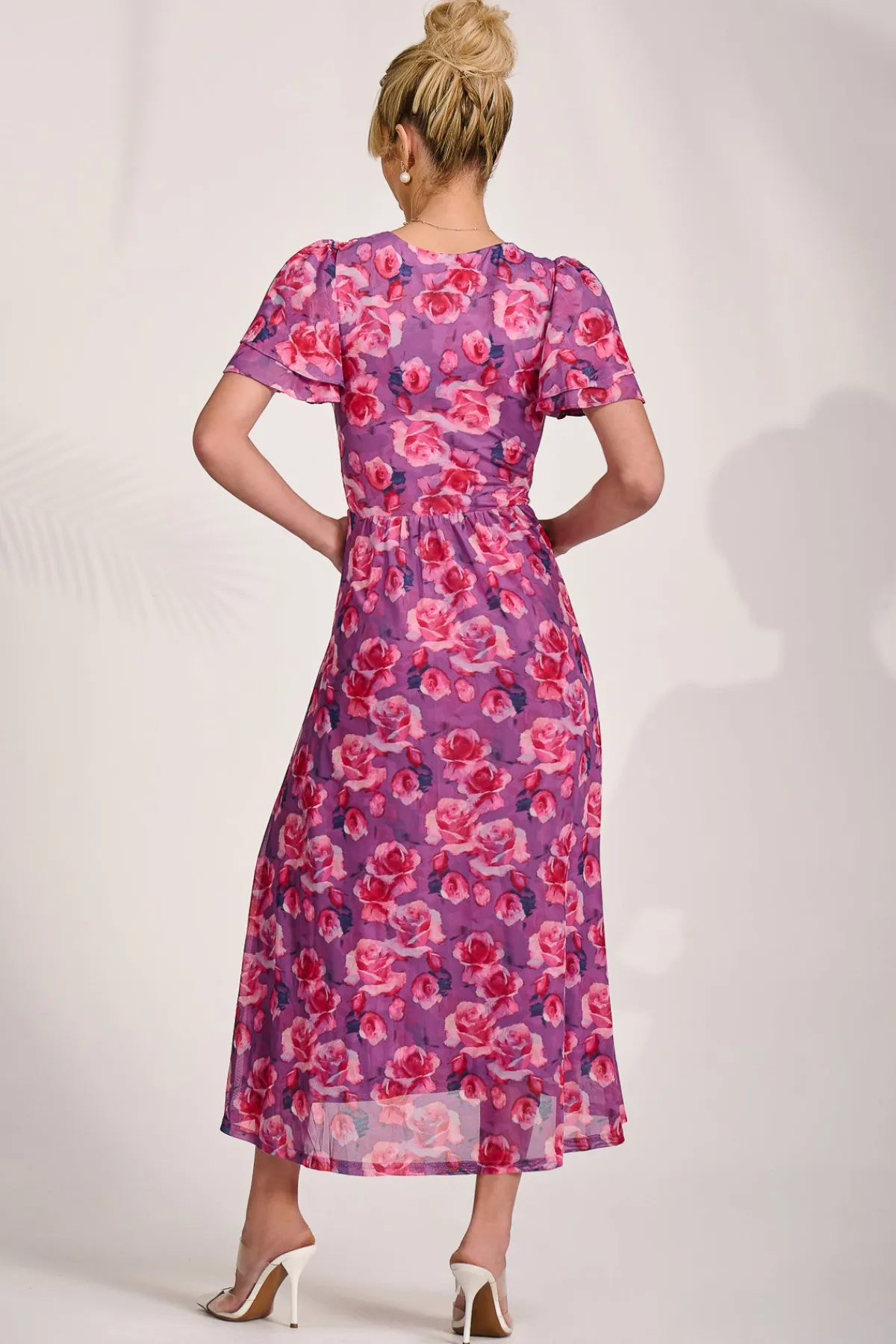 Jolie Moi Occasion Dresses|Floral Dresses-Angel Sleeve Mesh Midi Dress, Purple Floral