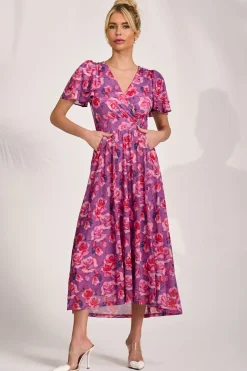 Jolie Moi Occasion Dresses|Floral Dresses-Angel Sleeve Mesh Midi Dress, Purple Floral