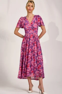 Jolie Moi Occasion Dresses|Floral Dresses-Angel Sleeve Mesh Midi Dress, Purple Floral