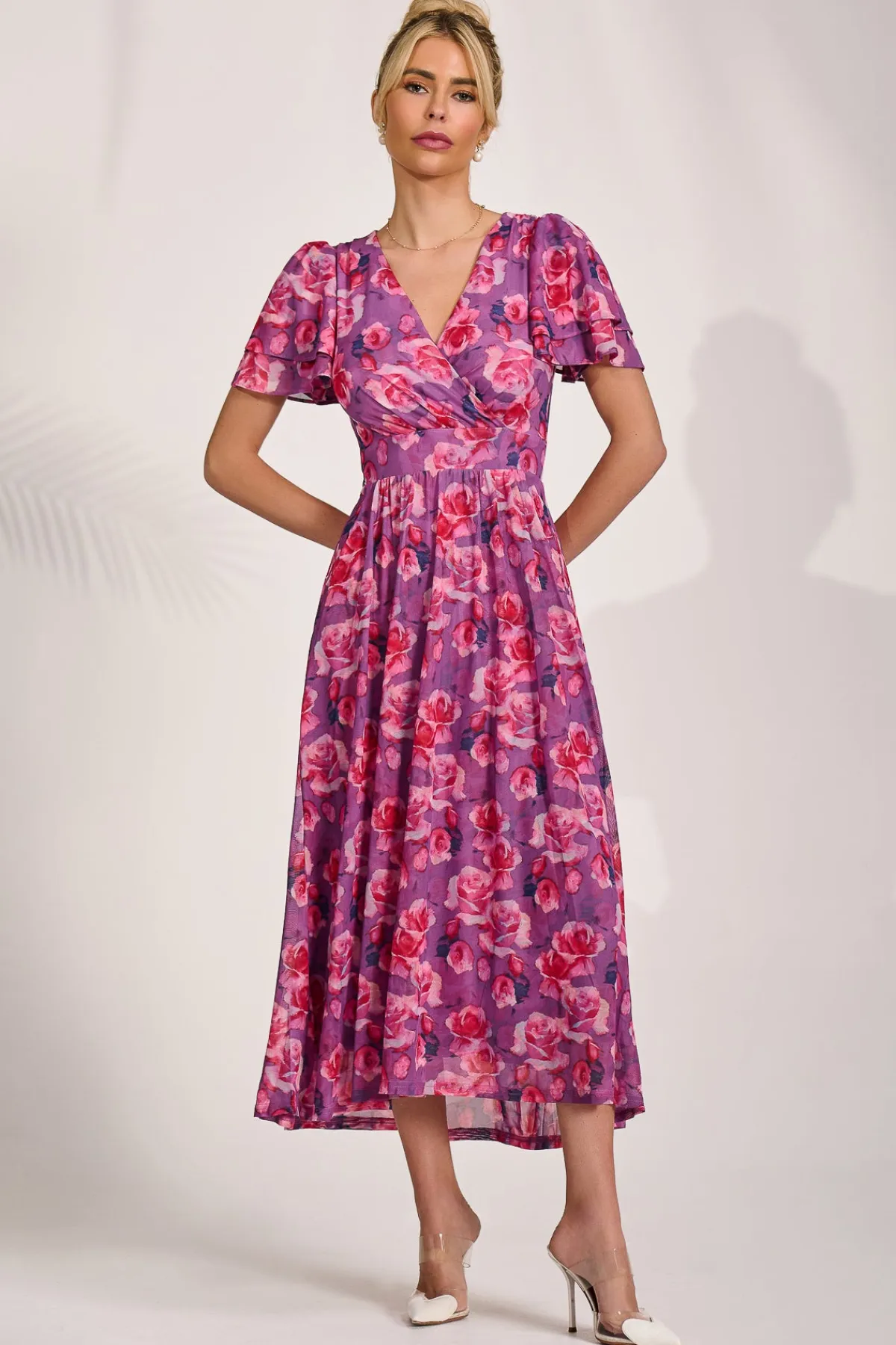 Jolie Moi Occasion Dresses|Floral Dresses-Angel Sleeve Mesh Midi Dress, Purple Floral
