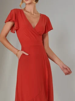 Jolie Moi Occasion Dresses|Wrap Dresses-Angel Sleeve Mesh Wrap Maxi Dress, Dark Orange