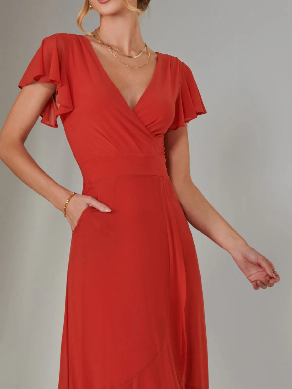 Jolie Moi Occasion Dresses|Wrap Dresses-Angel Sleeve Mesh Wrap Maxi Dress, Dark Orange
