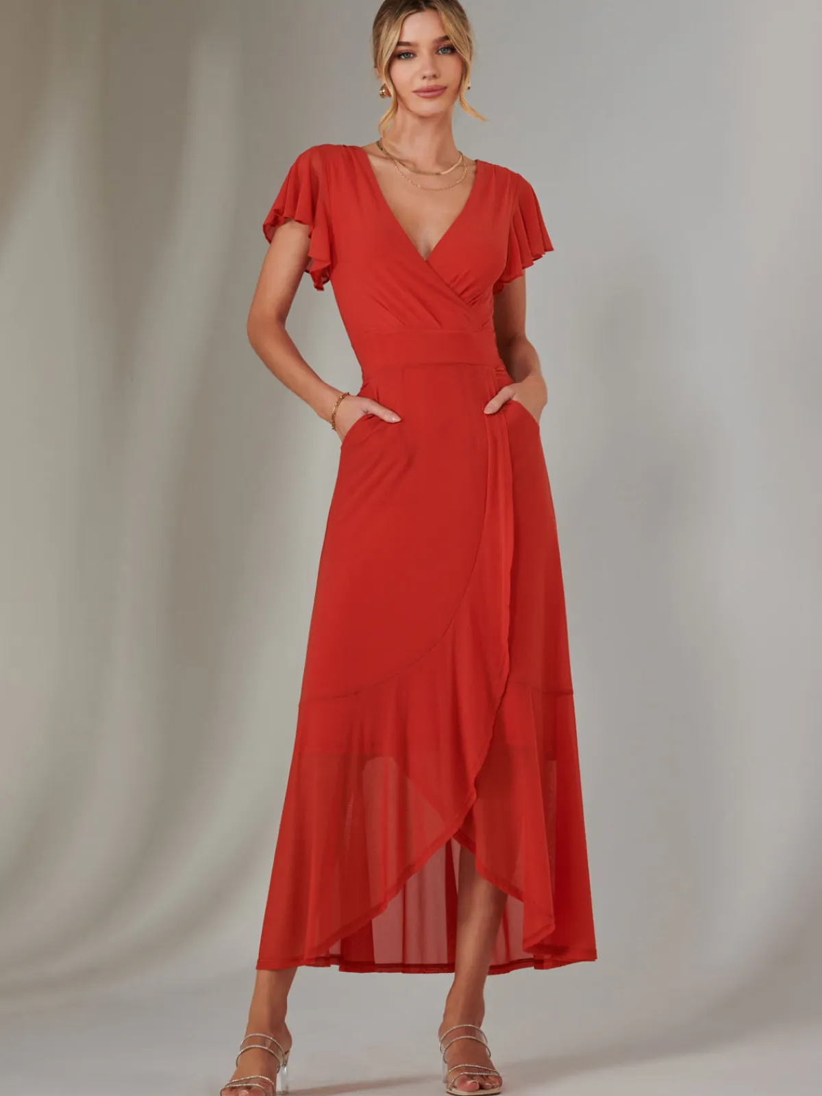 Jolie Moi Occasion Dresses|Wrap Dresses-Angel Sleeve Mesh Wrap Maxi Dress, Dark Orange