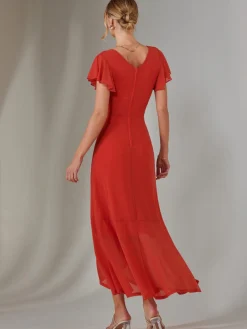 Jolie Moi Occasion Dresses|Wrap Dresses-Angel Sleeve Mesh Wrap Maxi Dress, Dark Orange