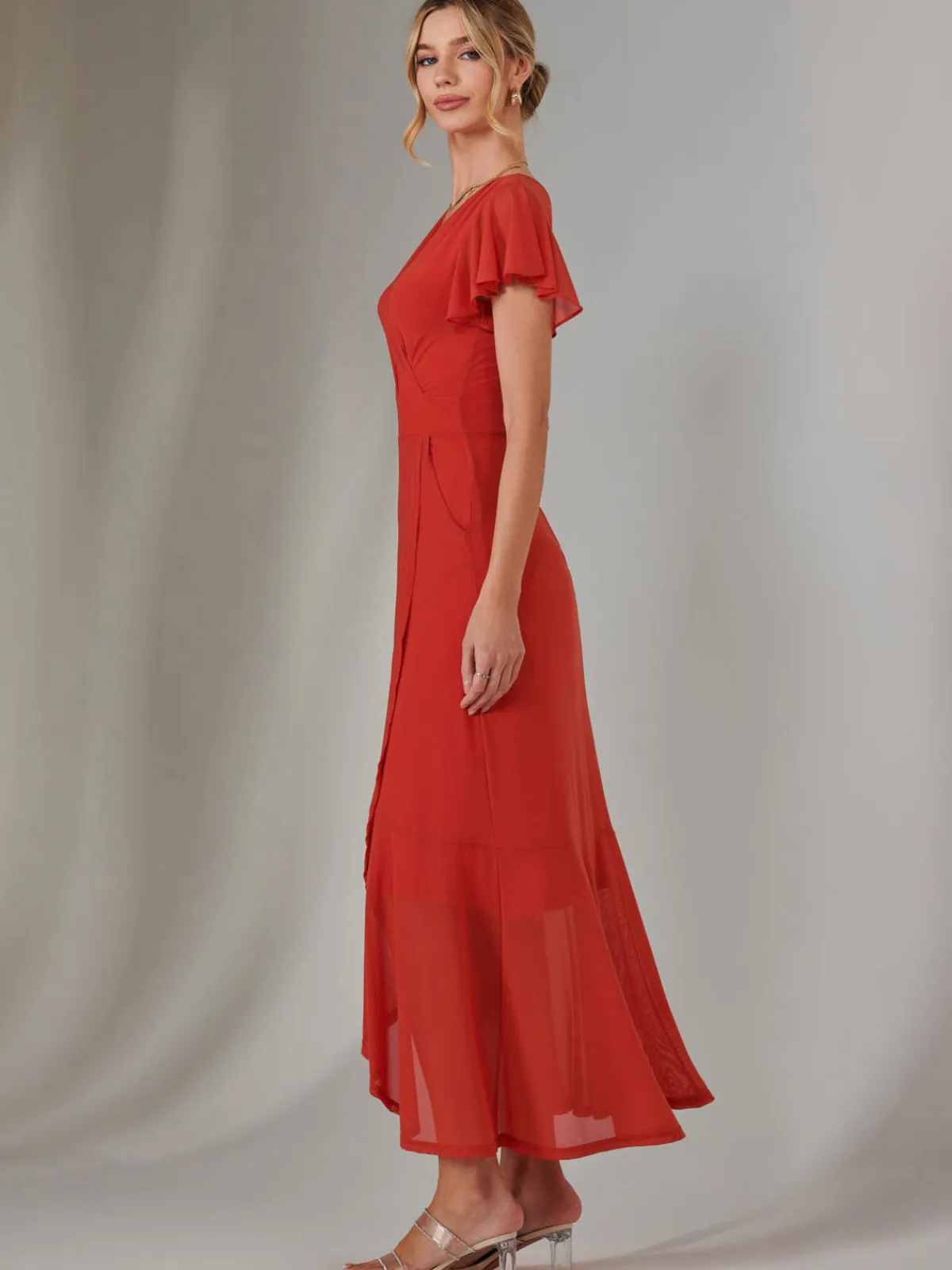 Jolie Moi Occasion Dresses|Wrap Dresses-Angel Sleeve Mesh Wrap Maxi Dress, Dark Orange