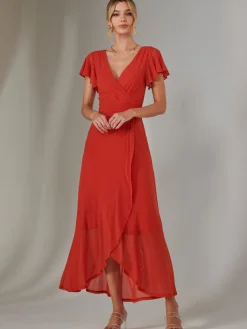 Jolie Moi Occasion Dresses|Wrap Dresses-Angel Sleeve Mesh Wrap Maxi Dress, Dark Orange