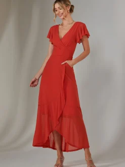 Jolie Moi Occasion Dresses|Wrap Dresses-Angel Sleeve Mesh Wrap Maxi Dress, Dark Orange