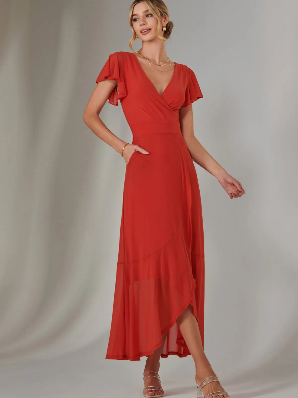 Jolie Moi Occasion Dresses|Wrap Dresses-Angel Sleeve Mesh Wrap Maxi Dress, Dark Orange